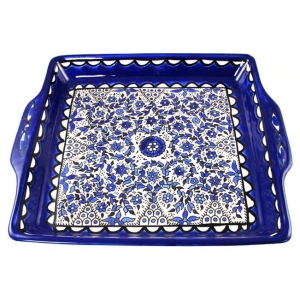 Armenian Ceramic Square Serving Tray (White and Blue Flowers and Vines)