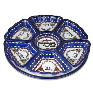 Armenian Ceramic Floral Blue Passover Seder Plate with Matching Dishes