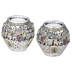 Silver-Plated Round Jerusalem Candlesticks with Priestly Breastplate 