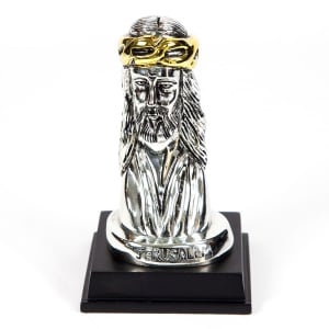 Silver Plated Jesus Head Statuette with Jerusalem Inscription and Golden Highlights 