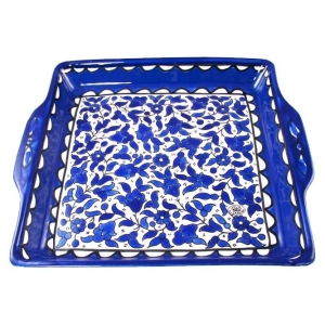 Armenian Ceramic Serving Tray with Blue and White Floral Motif
