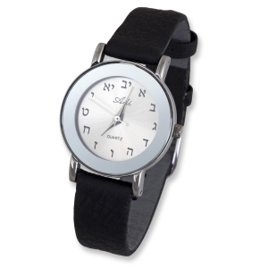 Adi Women's Hebrew Letters Watch with Black Leather Band