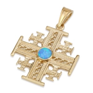 Ben Jewelry 14K Gold Filigree Jerusalem Cross Pendant with Opal Stone