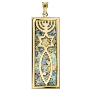 Ben Jewelry 14K Gold and Roman Glass Rectangular Grafted-In Messianic Pendant
