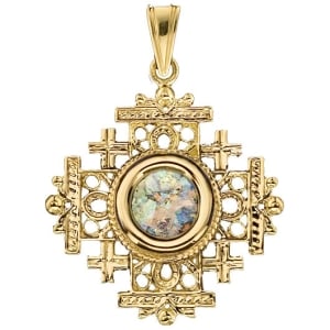 Ben Jewelry 14K Gold and Roman Glass Ornate Filigree Jerusalem Cross Pendant 