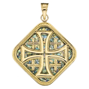 Ben Jewelry 14K Gold and Roman Glass Framed Filigree Jerusalem Cross Pendant  