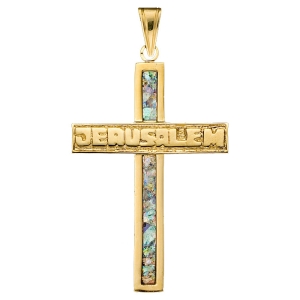 Ben Jewelry 14K Gold and Roman Glass Latin Cross Pendant with Jerusalem Inscription