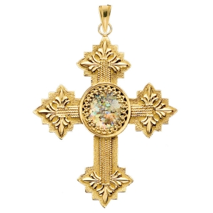 Ben Jewelry 14K Gold and Roman Glass Fleur De Lis Filigree Budded Cross Pendant
