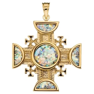 Ben Jewelry 14K Gold and Roman Glass Ornate Jerusalem Cross Pendant 