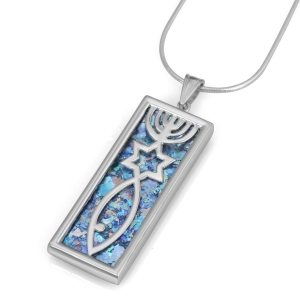 Sterling Silver and Roman Glass Messianic Grafted-In Rectangle Pendant