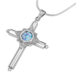 Sterling Silver and Roman Glass Star of Bethlehem Filigree Cross Pendant