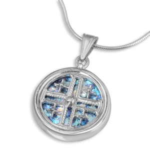 Sterling Silver and Roman Glass Filigree Jerusalem Cross Circle Pendant