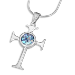 Sterling Silver and Roman Glass Byzantium Cross Pendant  