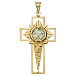 Ben Jewelry 14K Gold and Roman Glass Star of Bethlehem Latin Cross Pendant with Jerusalem Inscription  