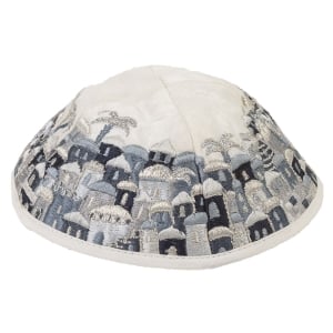 Black and White Kippah Embroidered with Jerusalem View