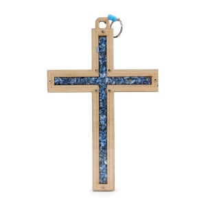 Wooden Cross Wall Hanging with Natural Blue Stones from the Holy Land