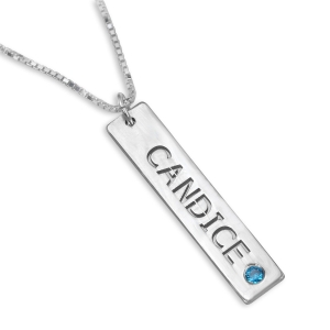 Sterling Silver or Gold Plated Vertical Bar Name Necklace with Birthstone