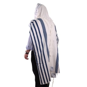100% Cotton Tallit Prayer Shawl with Navy Blue Stripes - Non-Slip