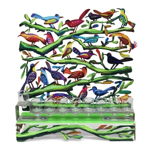David Gerstein Steel Colorful Birds on Branches Double Sided Hanukkah Menorah Sculpture