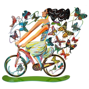David Gerstein Colorful Country Cycling with Butterflies Signed Sculpture  