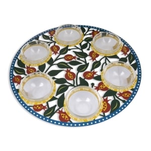 Dorit Judaica Stainless Steel Cutout Pomegranate Passover Seder Plate with Glass Bowls