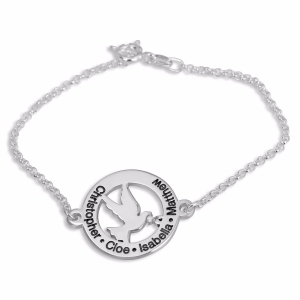 Double Thickness Sterling Silver Personalized Dove Bracelet (English or Hebrew)