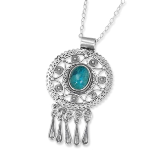 Traditional Yemenite Art Handcrafted Sterling Silver Dreamcatcher Necklace with Eilat Stone