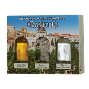Ein Gedi Holy Land Gift Pack (Olive Oil, Stones, Water) – Church of Annunciation, Nazareth