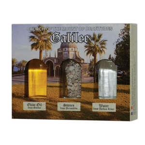Ein Gedi Holy Land Gift Pack (Olive Oil, Stones, Water) – Church of the Mount of Beatitudes, Galilee