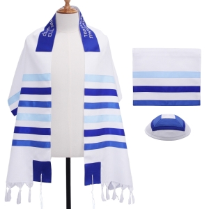 Acrylic Sabbath Prayer Shawl Set with Multiple Blue Stripes Pattern