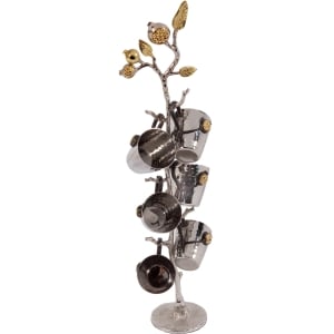 Yair Emanuel Stainless Steel Set of 6 Liqueur Cups & Stand (Pomegranates)