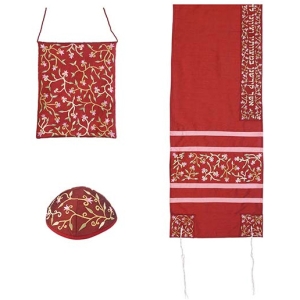 Yair Emanuel Poly Silk Floral Embroidered Women's Prayer Shawl Set with Tallit Shoulder Bag (Red)