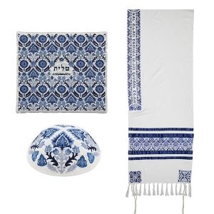 Yair Emanuel Embroidered Cotton Blue Floral Prayer Shawl Set