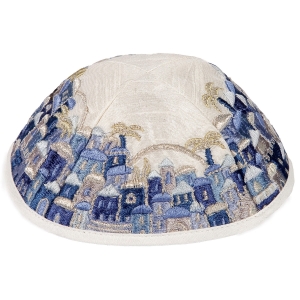 Yair Emanuel Embroidered Cotton Kippah with Jerusalem Design (Blue)