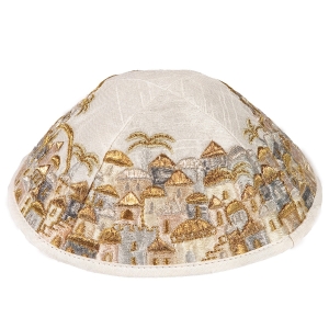 Yair Emanuel Embroidered Cotton Kippah with Jerusalem Design (Gold)