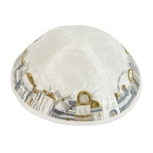 Yair Emanuel Jerusalem Design Embroidered Silk Kippah (White and Gold)