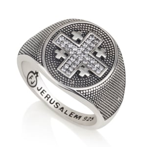 Emuna Studio 925 Sterling Silver Jerusalem Cross Ring With Zircon Stones