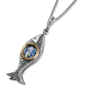 925 Sterling Silver Fish Necklace with 9K Gold and Roman Glass