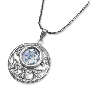925 Sterling Silver Filigree Disk Necklace with Roman Glass Circle