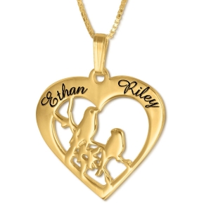 Gold-Plated Love Birds and Heart Name Necklace (Hebrew/English)