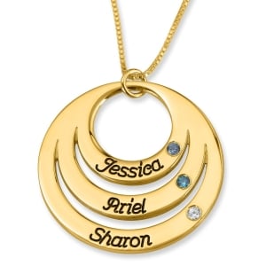 Gold-Plated Open Disk Mom Name Necklace With Birthstones (Hebrew/English)