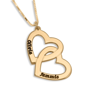 Gold Plated Interlocked Love Hearts Necklace - Up to 2 Names in English/Hebrew