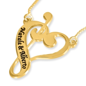 Gold Plated Musical Notes Love Heart Name Necklace - Up to 2 Names in English or Hebrew