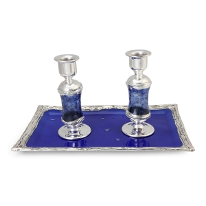 Chic Handcrafted Sterling Silver-Plated Glass Sabbath Candlesticks (Dark Blue)