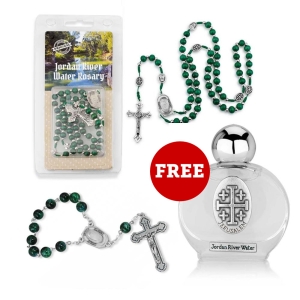 Holyland Rosary Green Olive Wood Bead Rosary Set with FREE Bottle of Holy Water from Jordan River