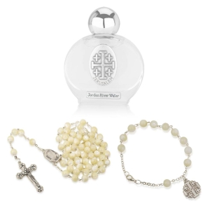 Holyland Rosary Pearl Bead Rosary Set with FREE Holy Water from Jordan River