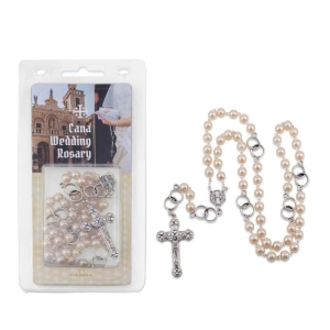 Holyland Rosary Silver Rings and Pearl Bead Wedding Rosary with Crucifix and Jerusalem Cross