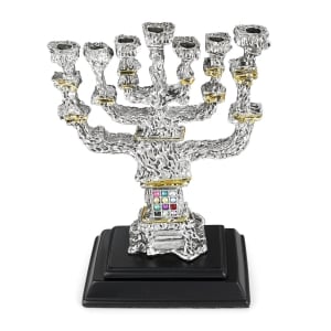 Silver-Plated and Gold-Accented Seven-Branched Menorah With 12 Tribes (Hoshen) Design