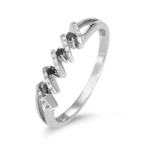 Anbinder 14K White Gold Freeform Zig-Zag Women's Ring with White and Black Diamonds