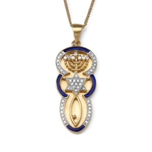 Anbinder Jewelry 14K Yellow Gold Messianic Seal Bubble Frame Unisex Pendant with Diamonds and Blue Enamel